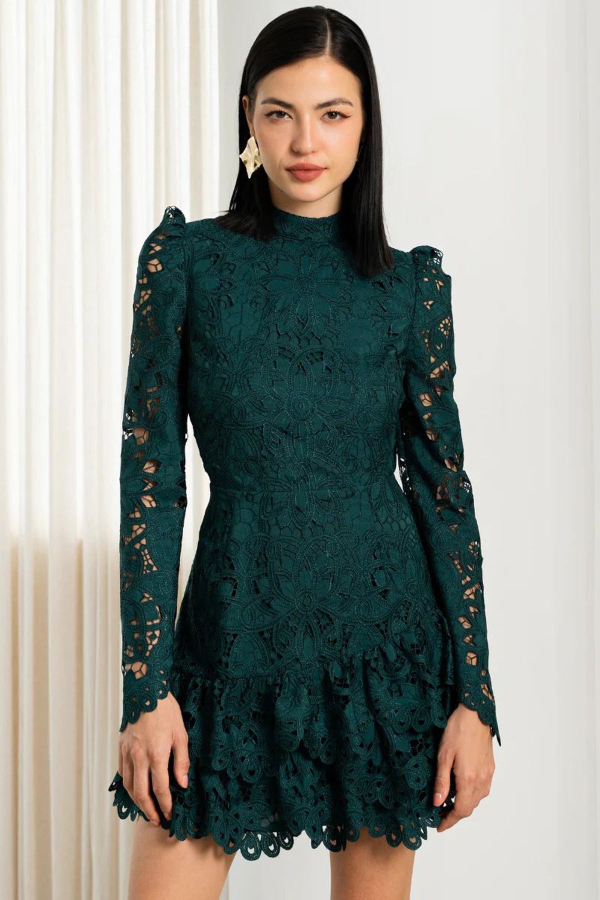 Stand Collar Long Sleeve Embroidered Floral Mesh Short Dress Hollow Out Cutout Three Dimensional Floral Lace Dress  DestGlow