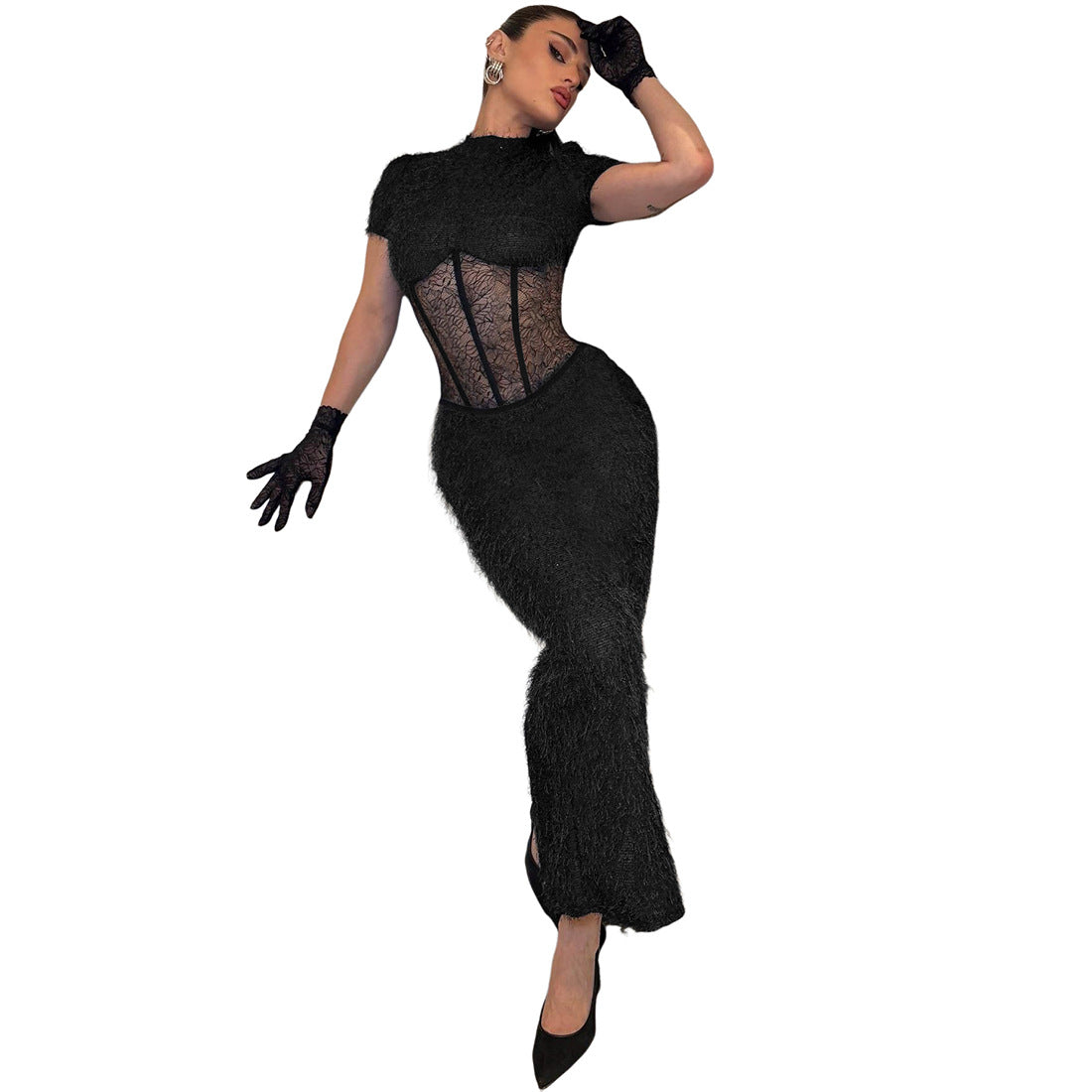 Women Clothing Sexy round Neck Slim Fit Slimming See through Split Short Sleeve Elegant Dress by Ragazza