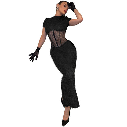 Women Clothing Sexy round Neck Slim Fit Slimming See through Split Short Sleeve Elegant Dress by Ragazza