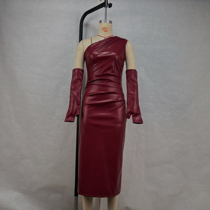 Crossbody Leather Dress Women Clothing Tight Wrapped Chest Pleated Sexy Sheath Split Dress by Ragazza