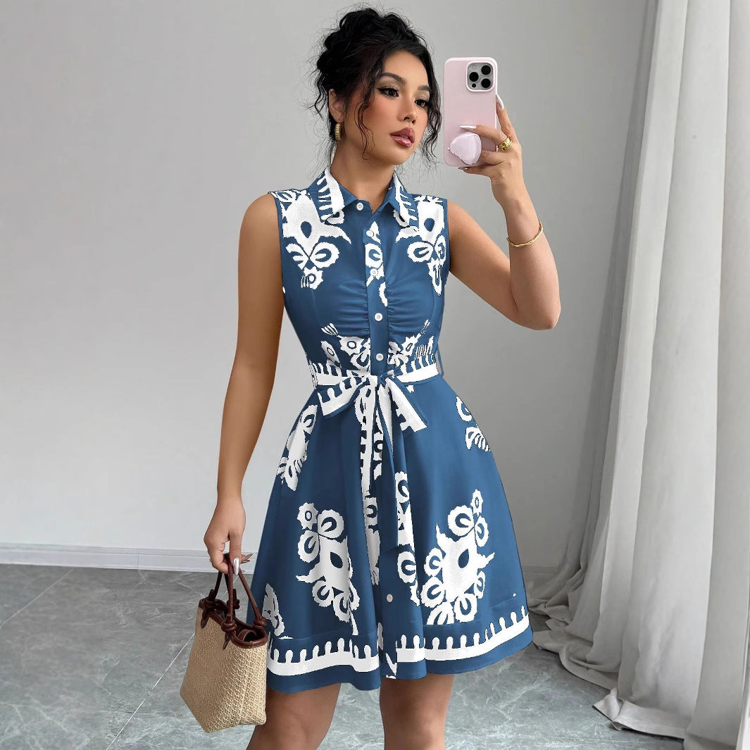 Summer Women Clothing Printed Waist Controlled Lace up Sleeveless Dress by Ragazza