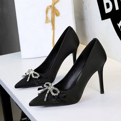 French Beautiful Rhinestone Ribbon Bow Super High Heel Slip on Satin Stiletto Heel Pumps Women  DestGlow