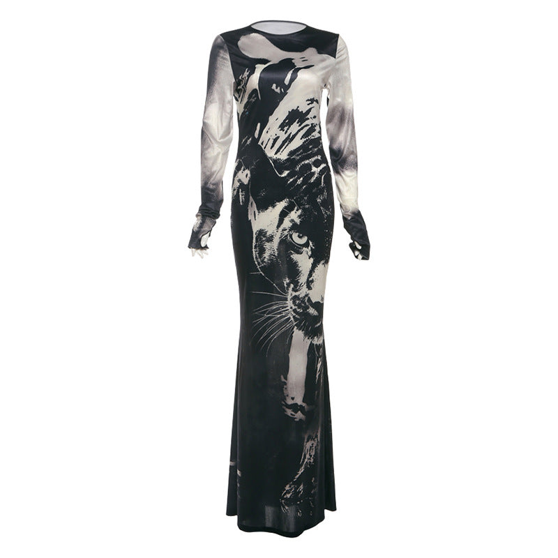 Summer Women High Waist Slim Fit round Neck Long Sleeves Printing Dress by Ragazza