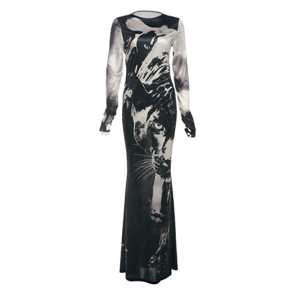 Summer Women High Waist Slim Fit round Neck Long Sleeves Printing Dress by Ragazza