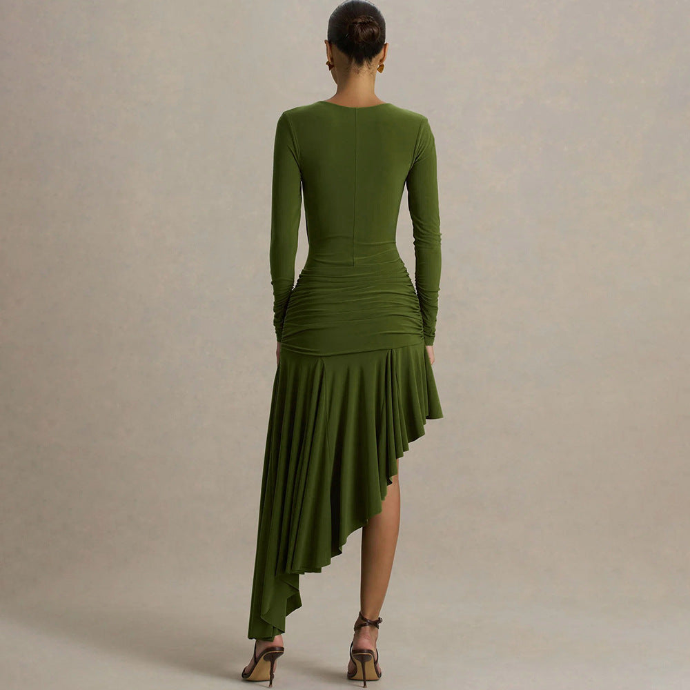 Autumn Winter Graceful Fashionable Women Slim Dress Sexy Pleated Irregular Asymmetric Maxi Dress by Ragazza