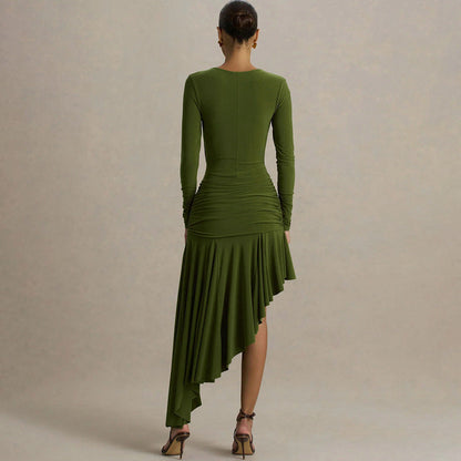 Autumn Winter Graceful Fashionable Women Slim Dress Sexy Pleated Irregular Asymmetric Maxi Dress by Ragazza