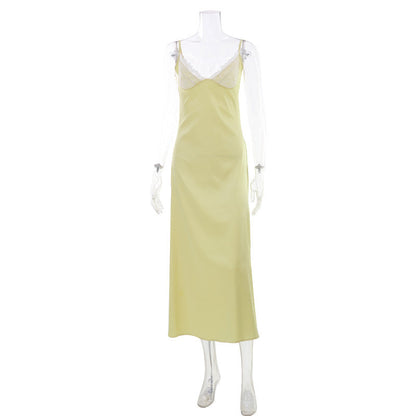 Summer Elegant Sweet Women Clothing Cream Yellow Lace Edge Slim Fit Elegant Slimming Cami Dress Satin Texture  DestGlow