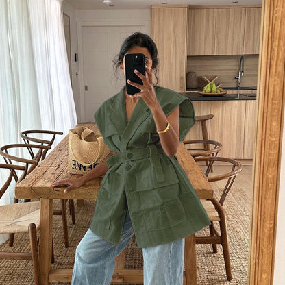 Women Clothing Summer Sleeveless Workwear Shirt Trendy Stylish Multi Pocket Belt Loose Top by Ragazza