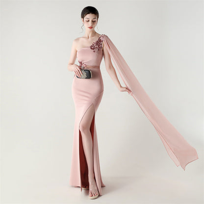 Tulle Shawl Three Dimensional Bead Tube Embroidery Craft One Shoulder Slim Slimming Social Celebration by Ragazza