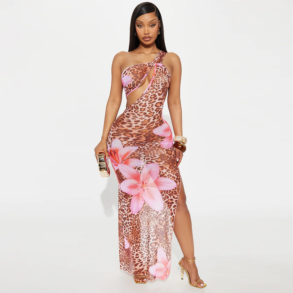 Women Clothing Diagonal Collar Hollow Out Cutout out See through Mesh Floral Print Dress by Ragazza