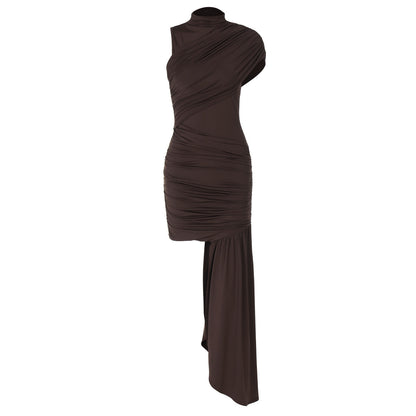 Women Clothing Spring Summer Slim round Neck Pleated Hip Irregular Asymmetric Sleeveless Dress by Ragazza