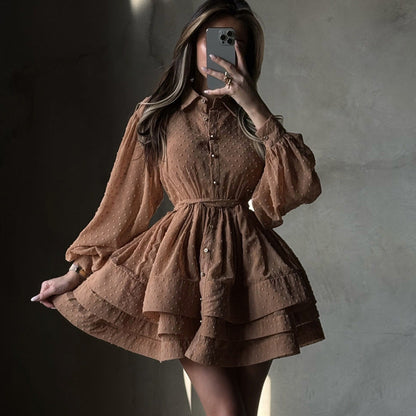 Short A Word Dress Women Elegant Collared Long Sleeve Single Breasted Lace up Shirt Dress by Ragazza