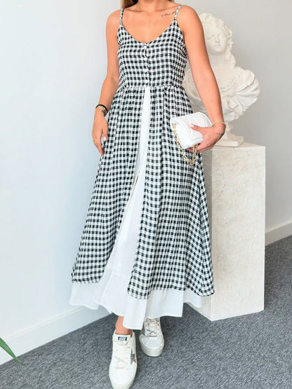 Women V neck Brace Casual Printing Plaid Split Faux Two Pieces Dress by Ragazza