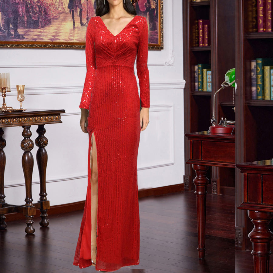 Spring Split Long Sleeve V neck Slim Fit Long Formal Dress Wedding Cocktail Party Multi Color Sequined Evening by Ragazza