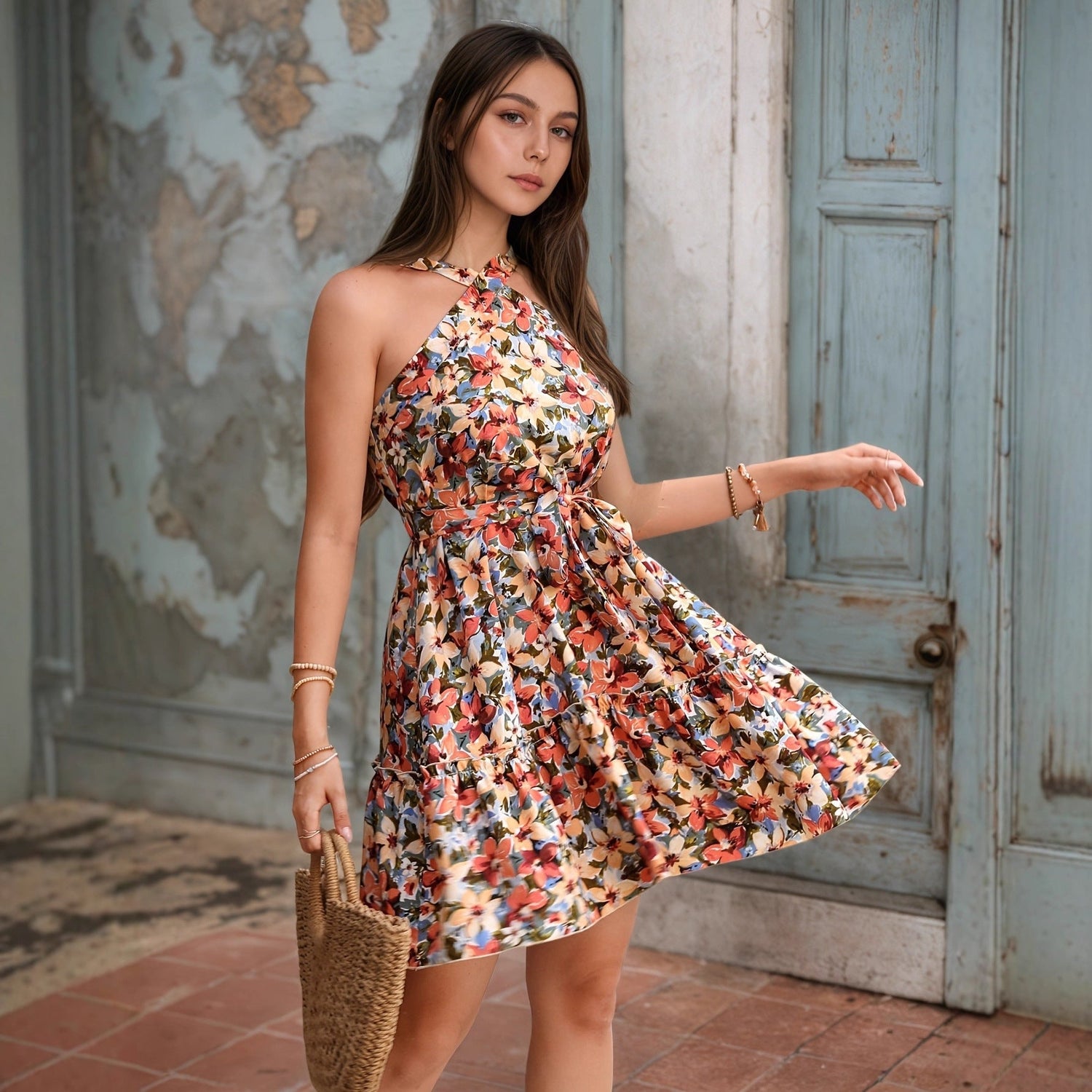Women Clothing Halter Cross Shoulder Strap Dress Vacation Bohemian Floral Print Pleated Chest Wrapped Dress by Ragazza