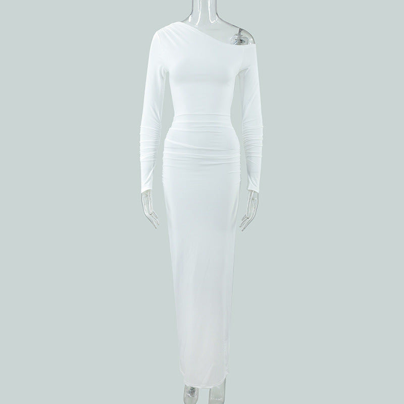 Sexy Women Clothing Sloping-Shoulder off the Shoulder Long Sleeve Slim Fit Pleated Long Socialite Dress by Ragazza