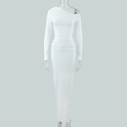 Sexy Women Clothing Sloping-Shoulder off the Shoulder Long Sleeve Slim Fit Pleated Long Socialite Dress by Ragazza