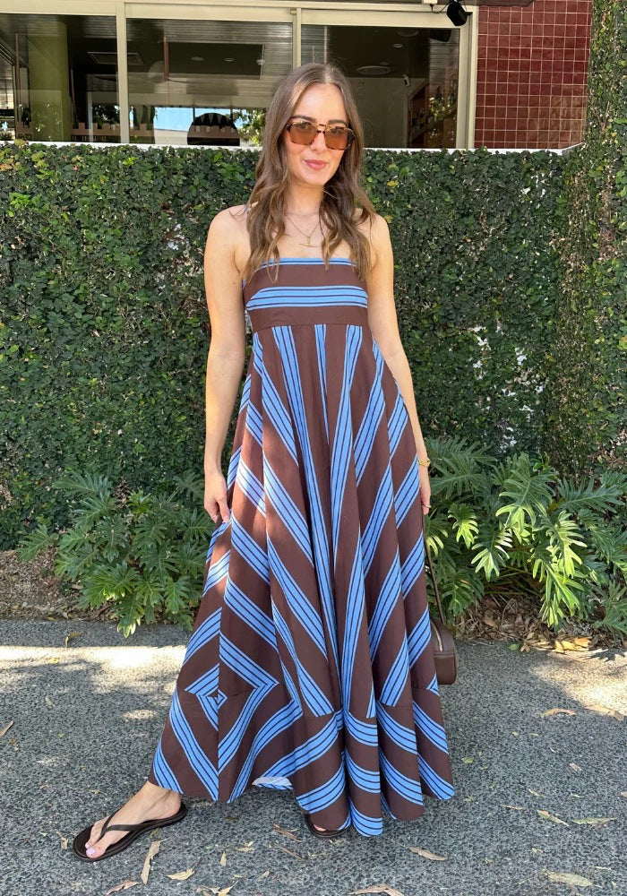 Summer Dress Striped Printed High Waist Big Swing French Cami Dress by Ragazza