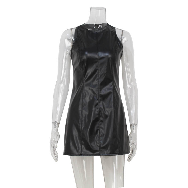 Women Clothing Sexy Sleeveless Vest Dress Slim Fit Slimming Retro Faux Leather Dress Short Dress by Ragazza