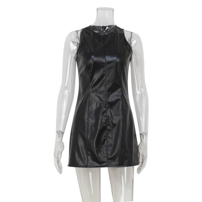 Women Clothing Sexy Sleeveless Vest Dress Slim Fit Slimming Retro Faux Leather Dress Short Dress by Ragazza