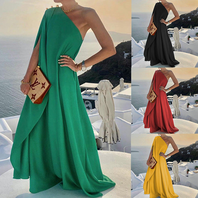 Summer Women Clothing Graceful Fashionable Solid Color French Loose One-Shoulder Maxi Dress by Ragazza
