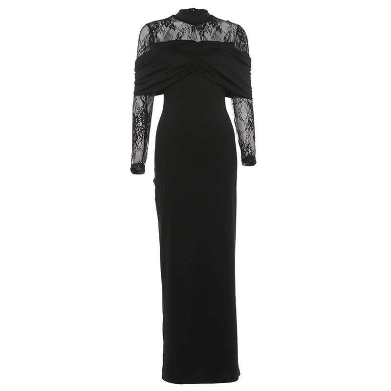 Winter Women Clothing Elegant Graceful Slim Fit Pleated Design Lace Stitching Dress by Ragazza