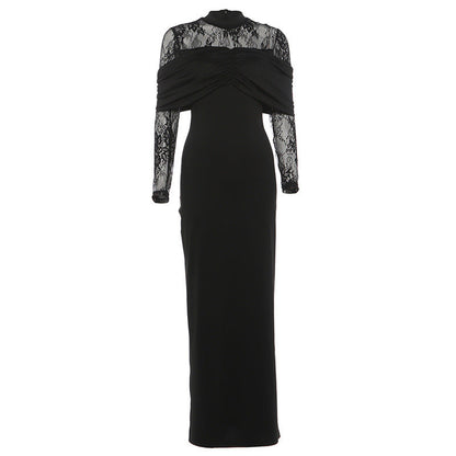 Winter Women Clothing Elegant Graceful Slim Fit Pleated Design Lace Stitching Dress by Ragazza