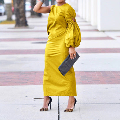 Women Clothing Autumn Solid Color Single Sleeve Hollow Out Cutout out Side Slit Dress