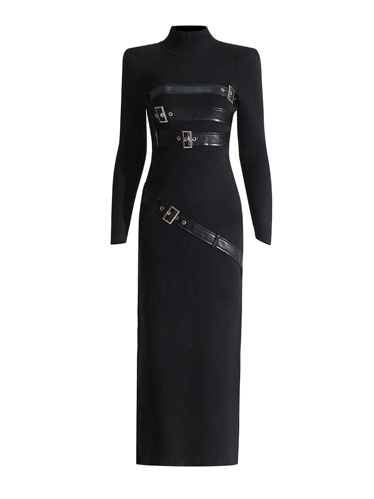Turtleneck Solid Color Dress Spring High Grade Long Sleeve Split Metal Decorative Dress Women by Ragazza