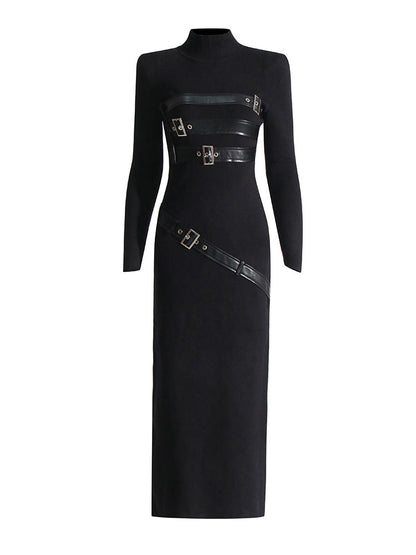 Turtleneck Solid Color Dress Spring High Grade Long Sleeve Split Metal Decorative Dress Women 