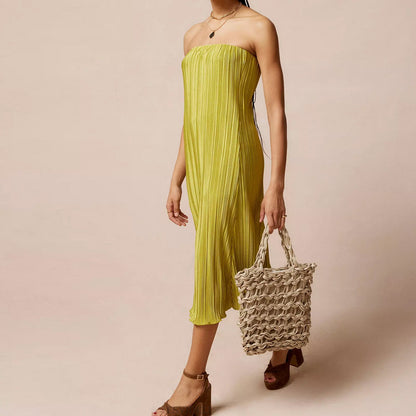 Solid Color Pleated Tube Top Backless Maxi Dress Summer Casual Loose Dress Women by Ragazza