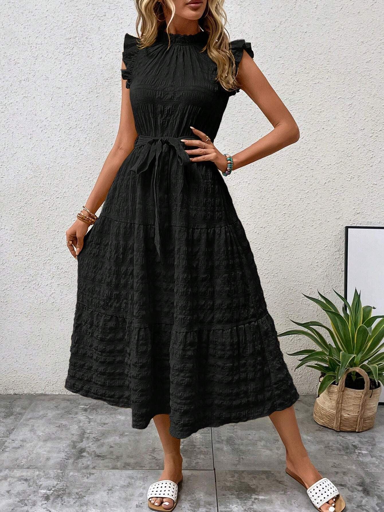Women Clothing Summer Fashionable Stringy Selvedge Flying Sleeves Lace Up Texture Dress by Ragazza