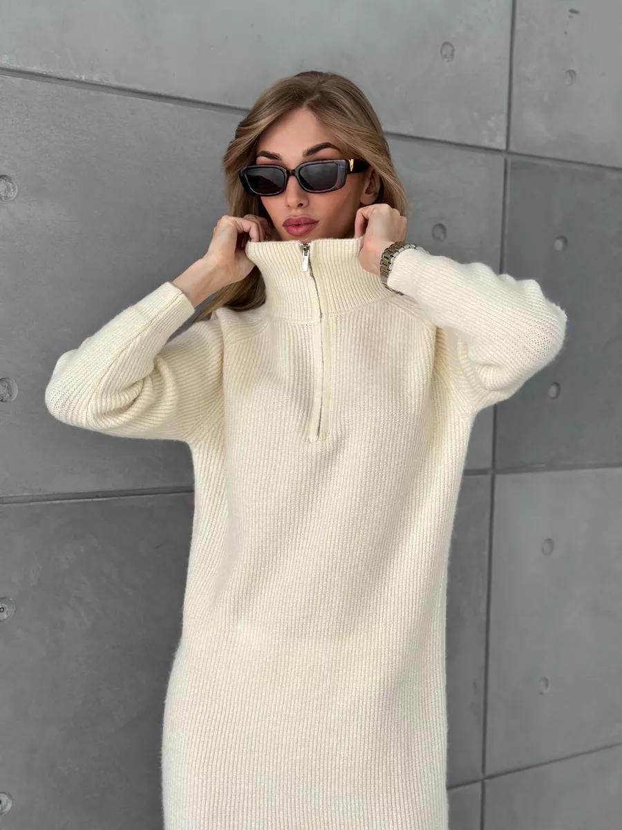 Turtleneck Half Zipper Woolen Dress Women Autumn Winter Loose Inner Wear Base Knitting Dress by Ragazza