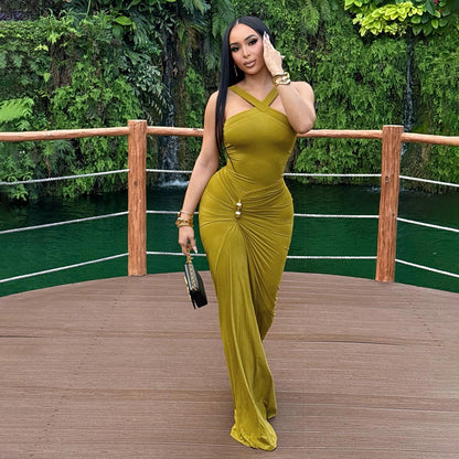 Autumn Winter Women Clothing Cross Halter Solid Color Pleated Waist Tight Slimming Fishtail Dress by Ragazza