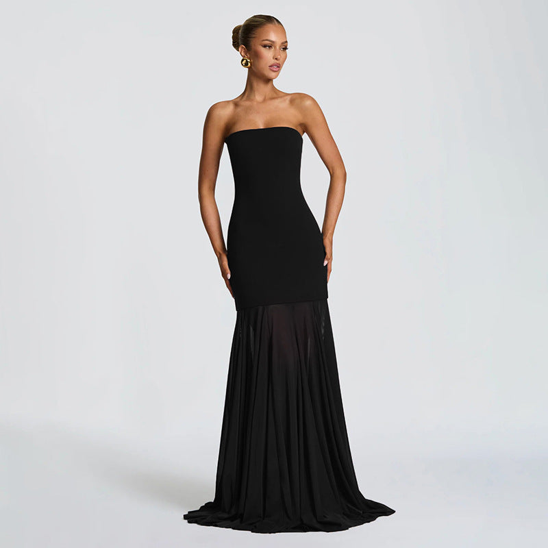 Women Clothing Autumn Winter Solid Color Elegant Sleeveless Chiffon Stitching Tube Top Ribbon Maxi Dress by Ragazza
