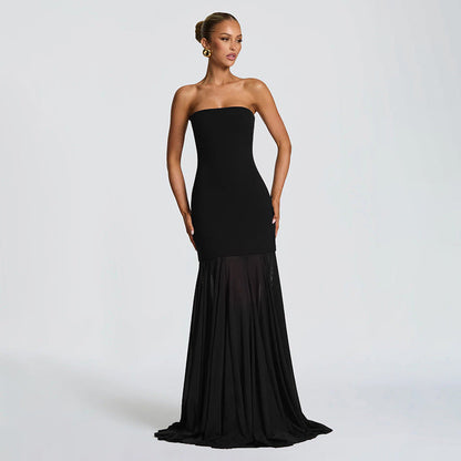 Women Clothing Autumn Winter Solid Color Elegant Sleeveless Chiffon Stitching Tube Top Ribbon Maxi Dress by Ragazza