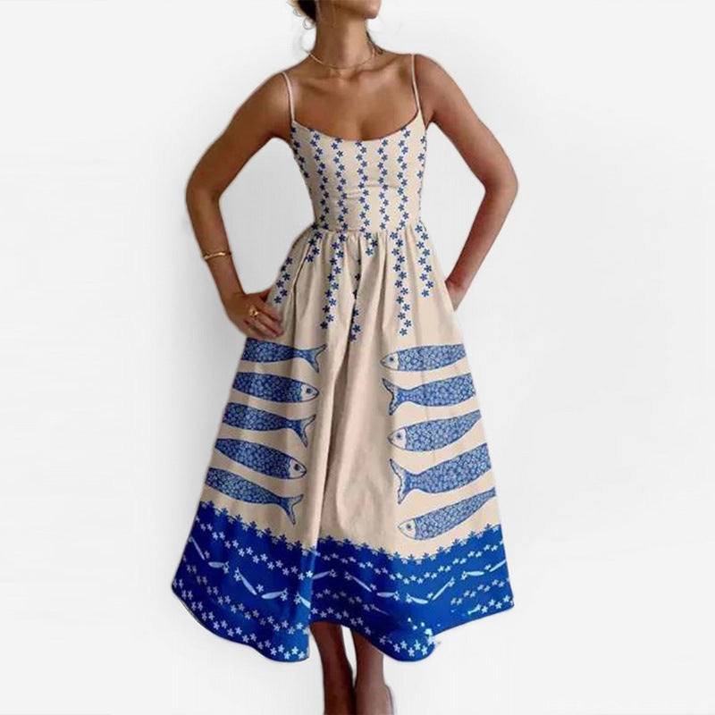 Spring Women Clothing Printing Pleated Waist Tight Large Swing Sling Dress by Ragazza