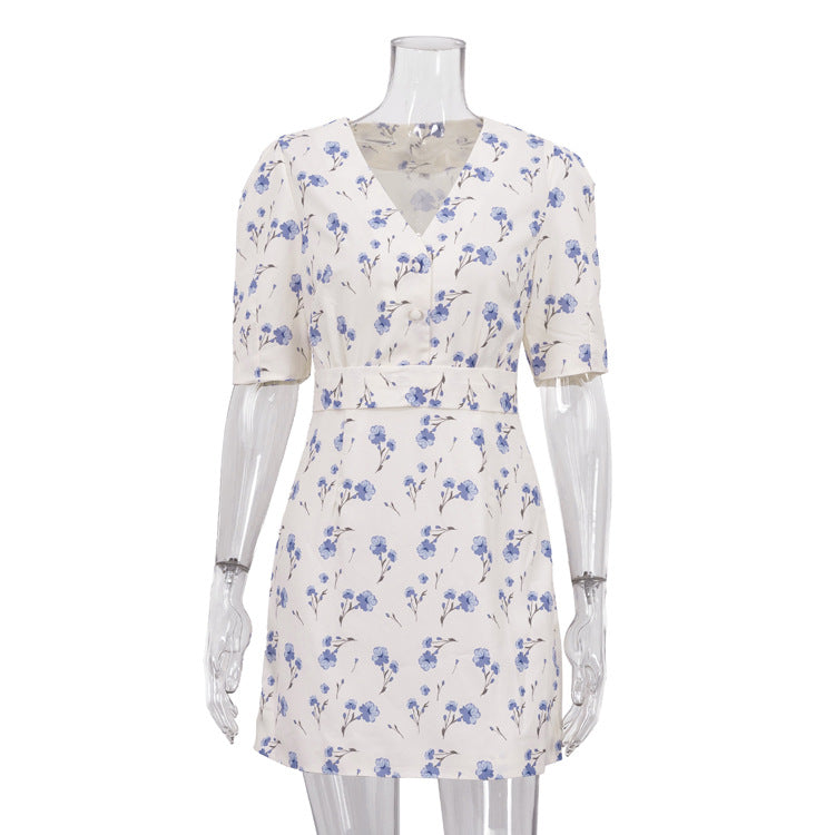 French Elegant Printed Short Word Dress Women V neck Short Sleeve High Waist Floral Dress by Ragazza