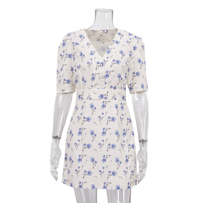 French Elegant Printed Short Word Dress Women V neck Short Sleeve High Waist Floral Dress by Ragazza