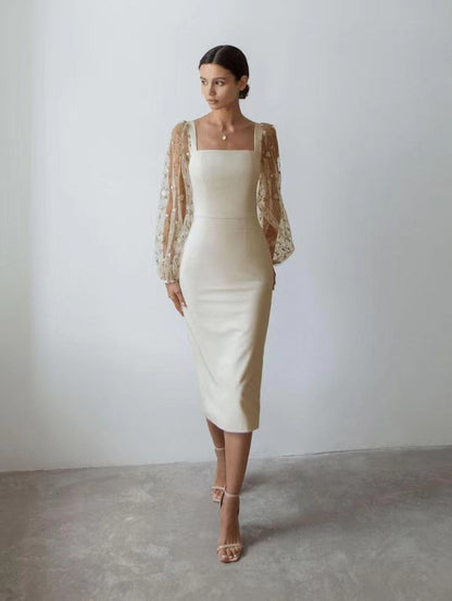 Women Concise Elegant Embroidery Stitching Hip Dress by Ragazza