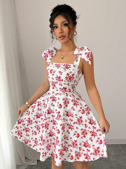 Women Clothing Floral Print High Waist Lace up Sweet A line Large Hem Dress by Ragazza
