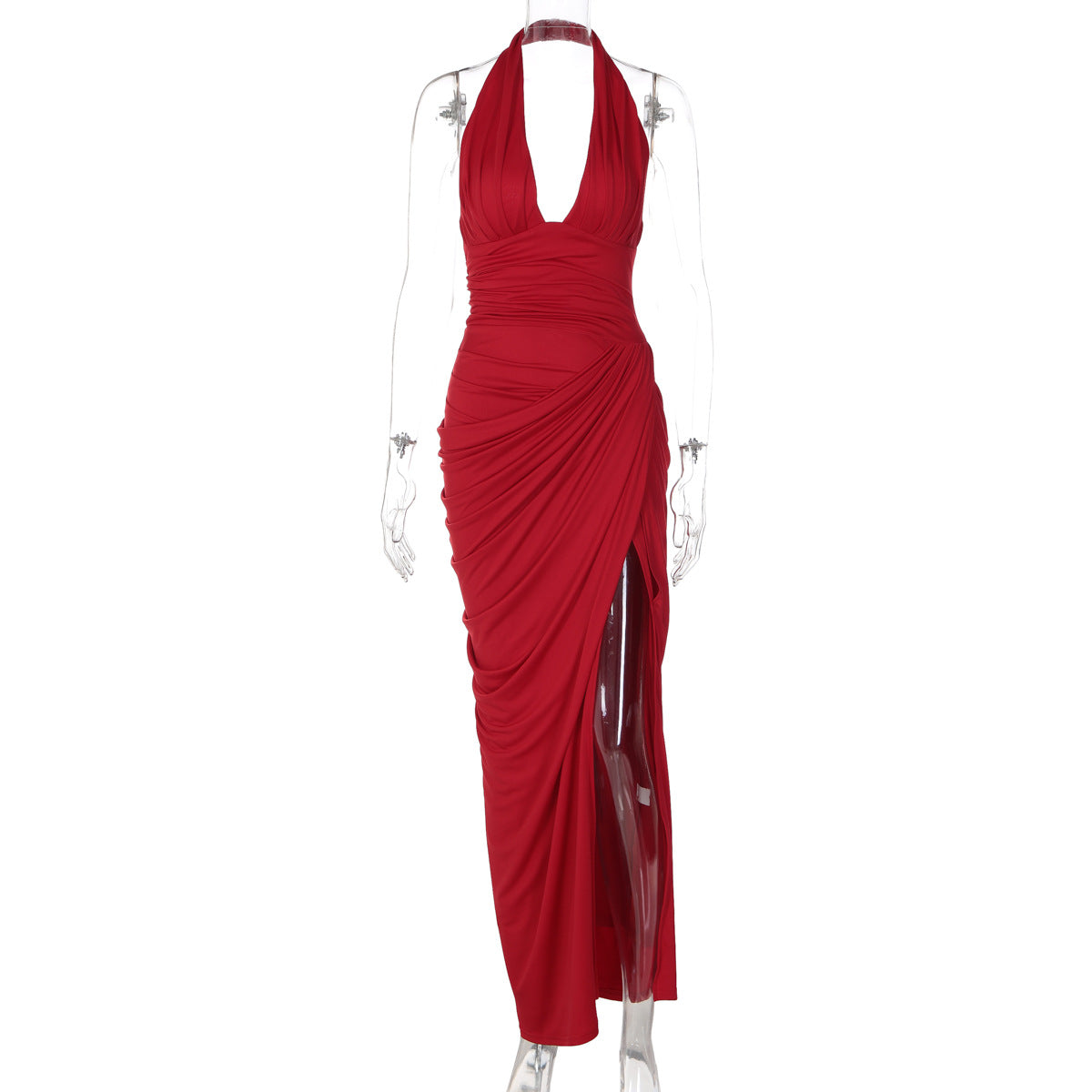 Arrival Sexy Backless Back Strap Design Fashionable Pleated Laminated Split Halter Dress  DestGlow