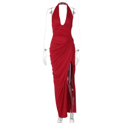 Arrival Sexy Backless Back Strap Design Fashionable Pleated Laminated Split Halter Dress  DestGlow