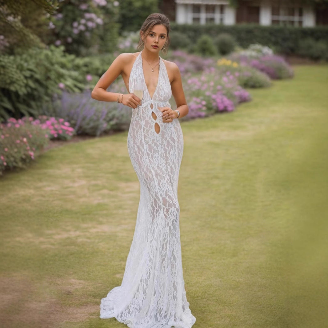 Vacation Sexy Lace Back Hollow Out Cutout out Strap Halter Deep V Plunge neck Slim Fit Dress Sexy See through Dress by Ragazza
