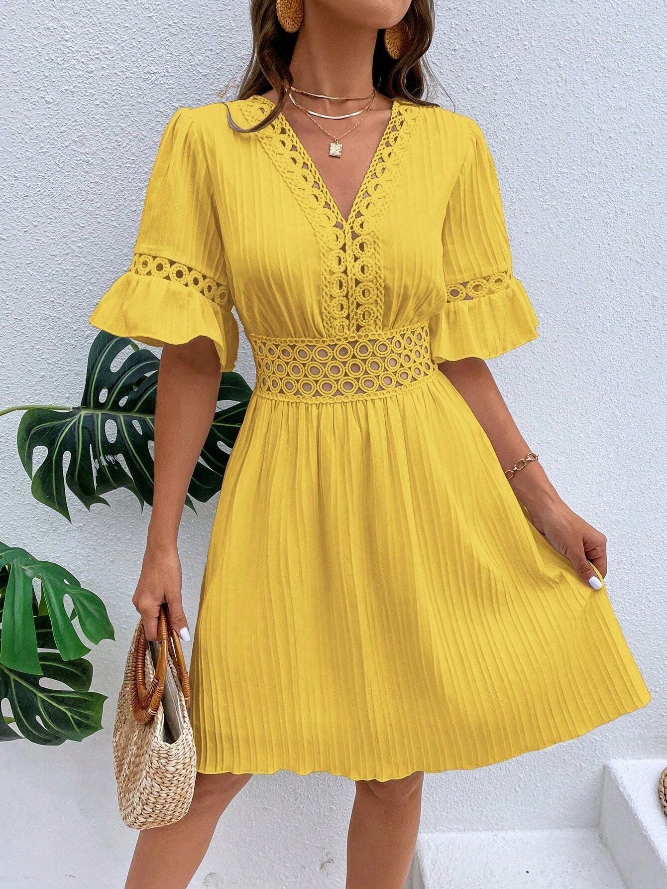 Women Clothing Summer Patchwork Lace V Neck Tight Waist Solid Color Dress by Ragazza