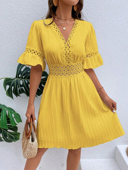 Women Clothing Summer Patchwork Lace V Neck Tight Waist Solid Color Dress by Ragazza
