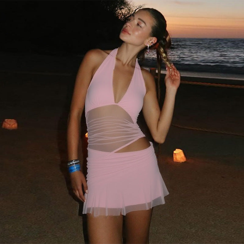 Women Clothing Sexy Deep V Plunge Stitching Mesh Hollow Out Cutout Hip Wrapped Short Halter Dress by Ragazza