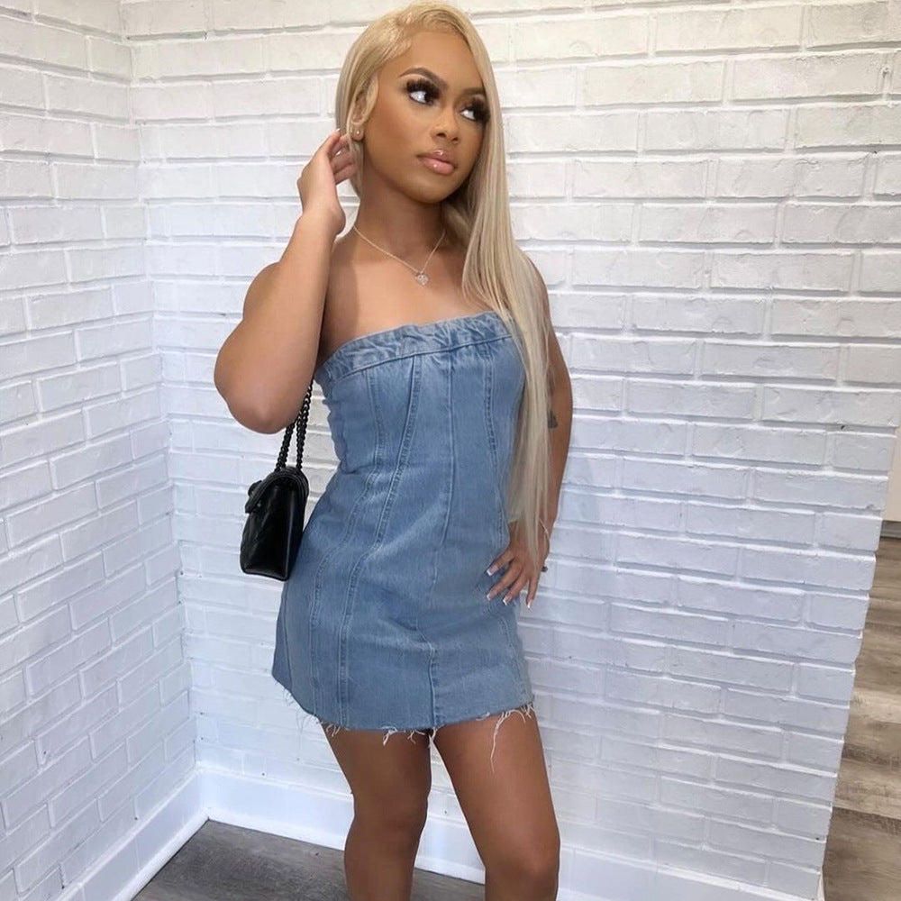 Denim Spring Summer Sexy Backless Wash Chest Wrapped Dress Women by Ragazza