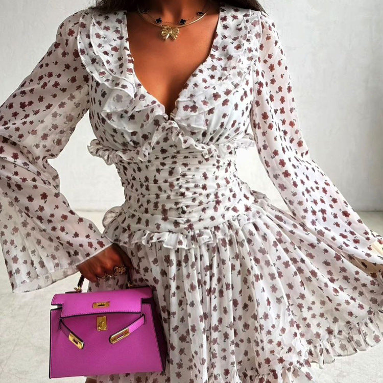 Women Digital Printing Elegant Dress V neck Long Sleeve Ruffled High Waist Lace up A line Dress by Ragazza