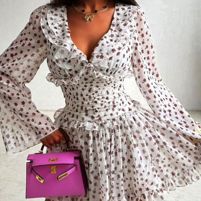 Women Digital Printing Elegant Dress V neck Long Sleeve Ruffled High Waist Lace up A line Dress by Ragazza
